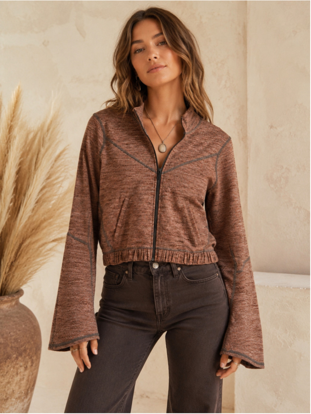 Free People Movement SP Cropped Zip Jacket Rust Gray Bell Sleeve Boho